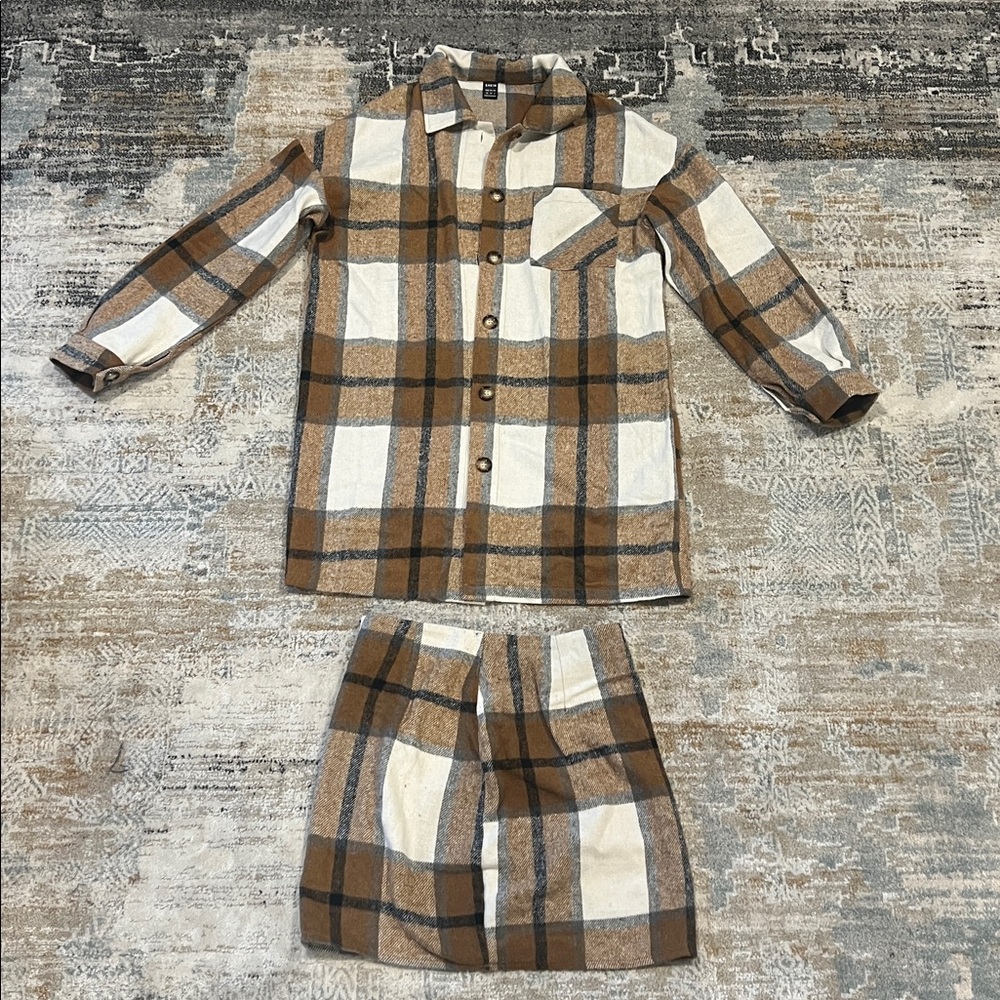 ‼️ Two-Piece Plaid Shirt and Skirt Matching Set in Brown and White ‼️
